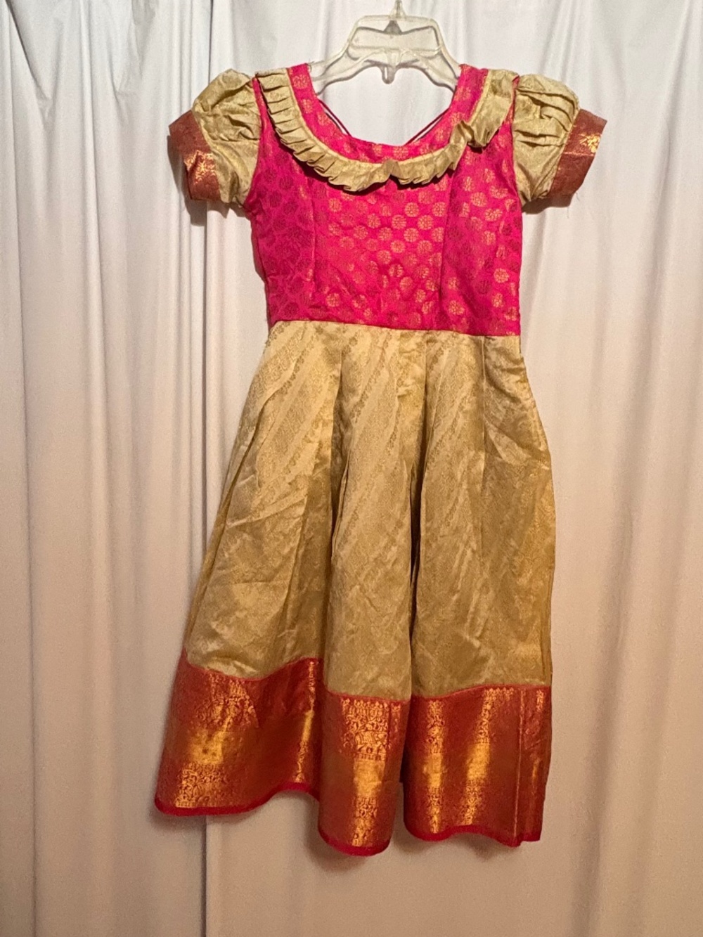 Girls Traditional South Indian Silk Pattu Pavadai Frock Dress Pink Gold Zari